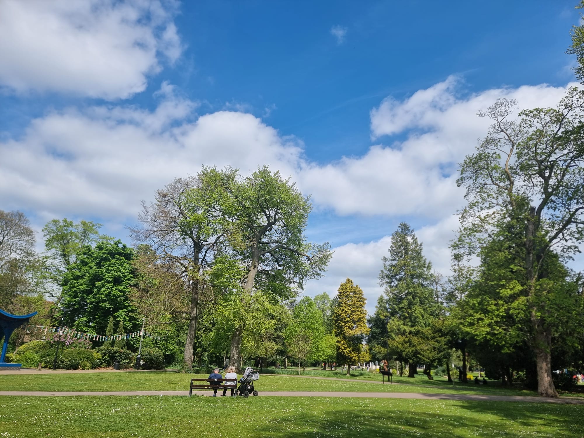 treescape of grove house gardens, people sitting on bench, blue sky
