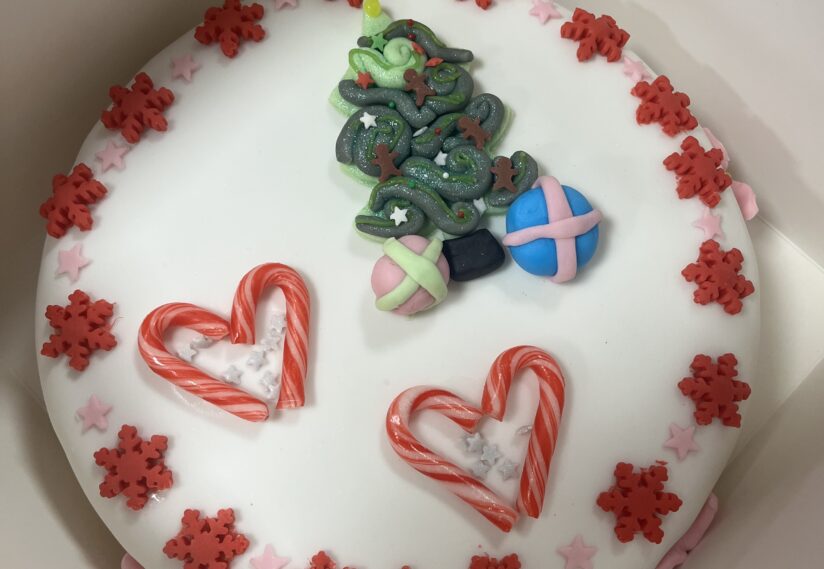 Festive cake with white icing, topped with a green tree, colorful ornaments, and candy cane hearts. Red snowflakes border the cake edges.