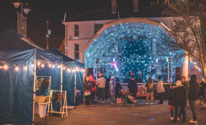 stalls in The Square with the stage in the background