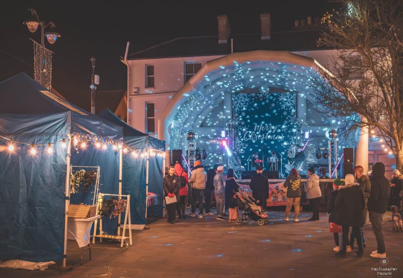 stalls in The Square with the stage in the background