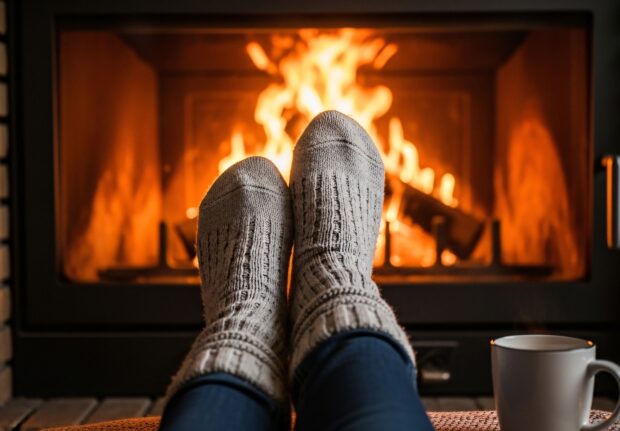 legs with grey socks cozying up by a fire