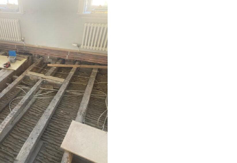 Priory House, Jacobean Room exposed floor showing floor joists.