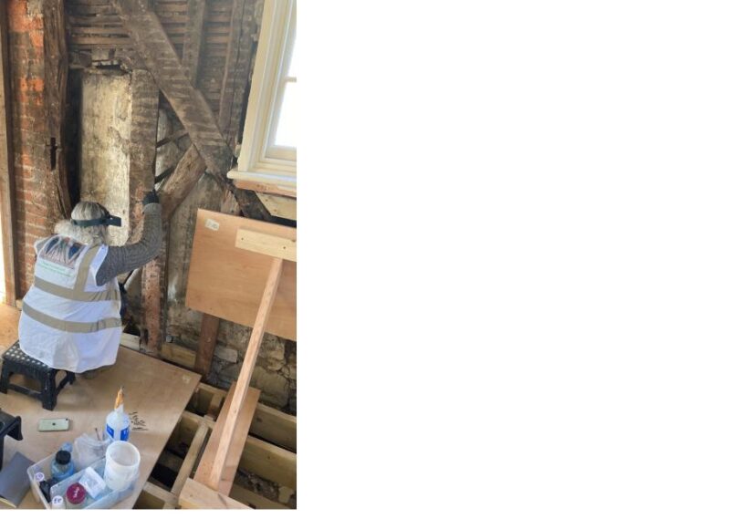 Priory House - second floor archeological recording of painted timbers.