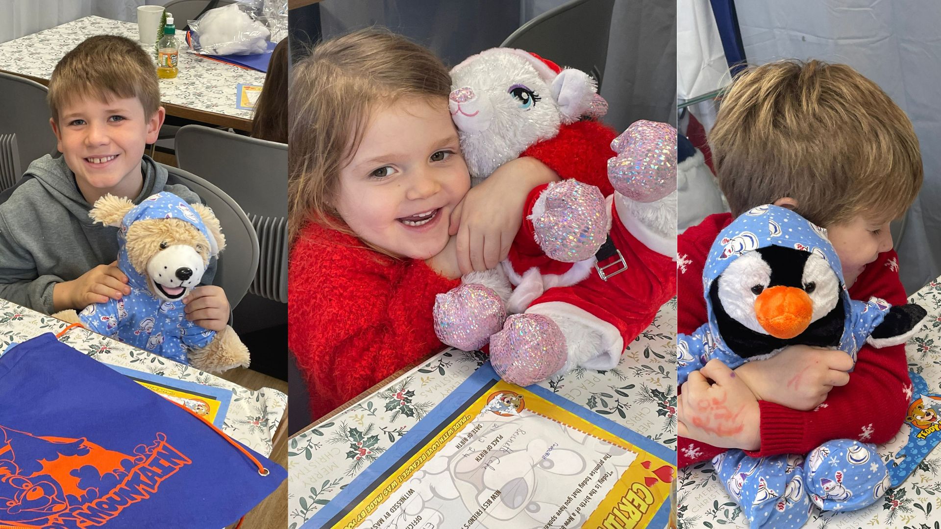 Three children are joyfully hugging stuffed toys: a brown bear, a sparkly Santa, and a penguin, with a festive table in the background.