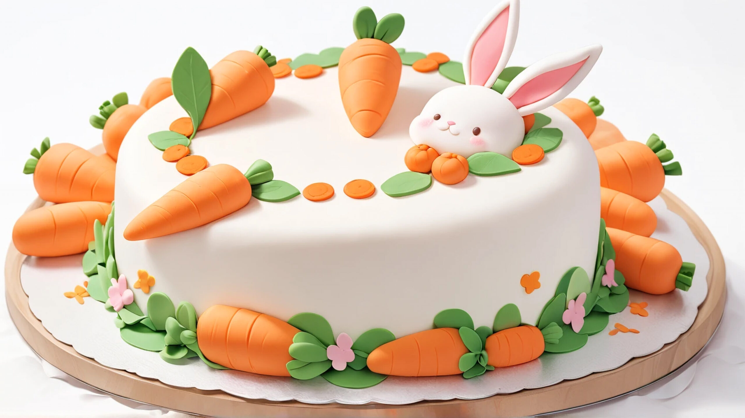 A whimsical cake decorated with fondant carrots and leaves features a cute bunny peeking from the top, creating a playful, springtime theme.
