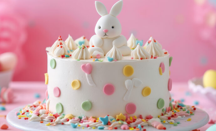 A festive Easter cake decorated with pastel polka dots, frosted swirls, and a cute bunny topper. Colorful eggs and sprinkles surround the cake, creating a joyful, celebratory scene.