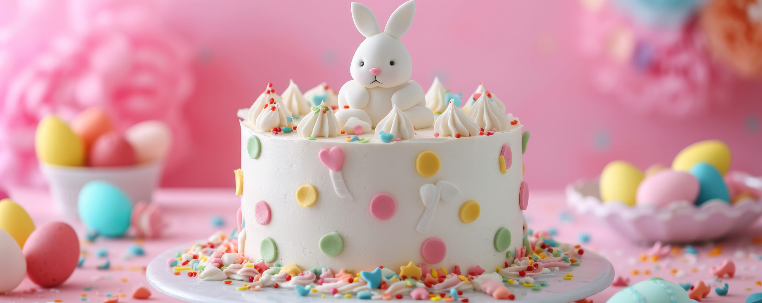 A festive Easter cake decorated with pastel polka dots, frosted swirls, and a cute bunny topper. Colorful eggs and sprinkles surround the cake, creating a joyful, celebratory scene.