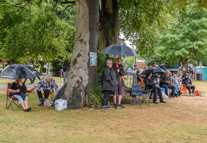People sitting by a tree enjoying the show