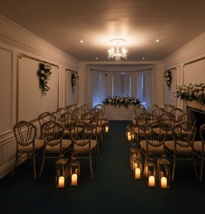 Twilight wedding at Grove House with chairs and candle lights