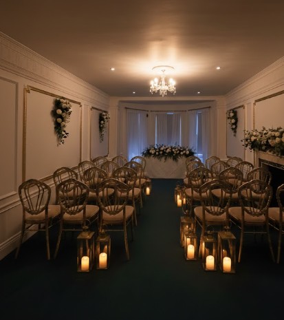 Twilight wedding at Grove House with chairs and candle lights
