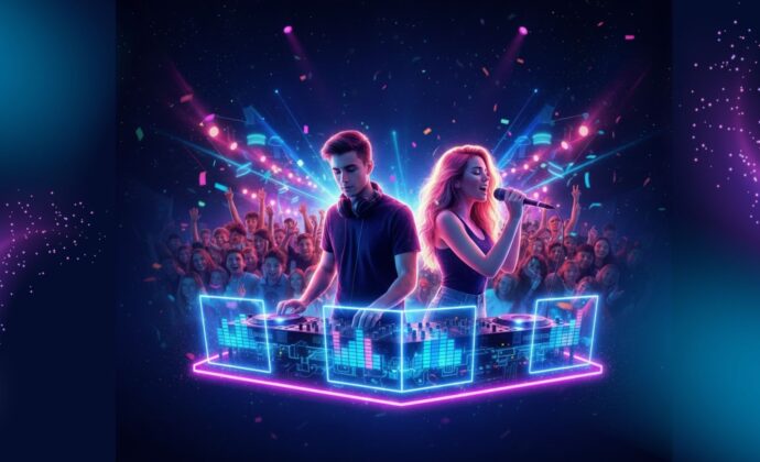 DJ and a woman performing on stage, surrounded by vibrant neon lights