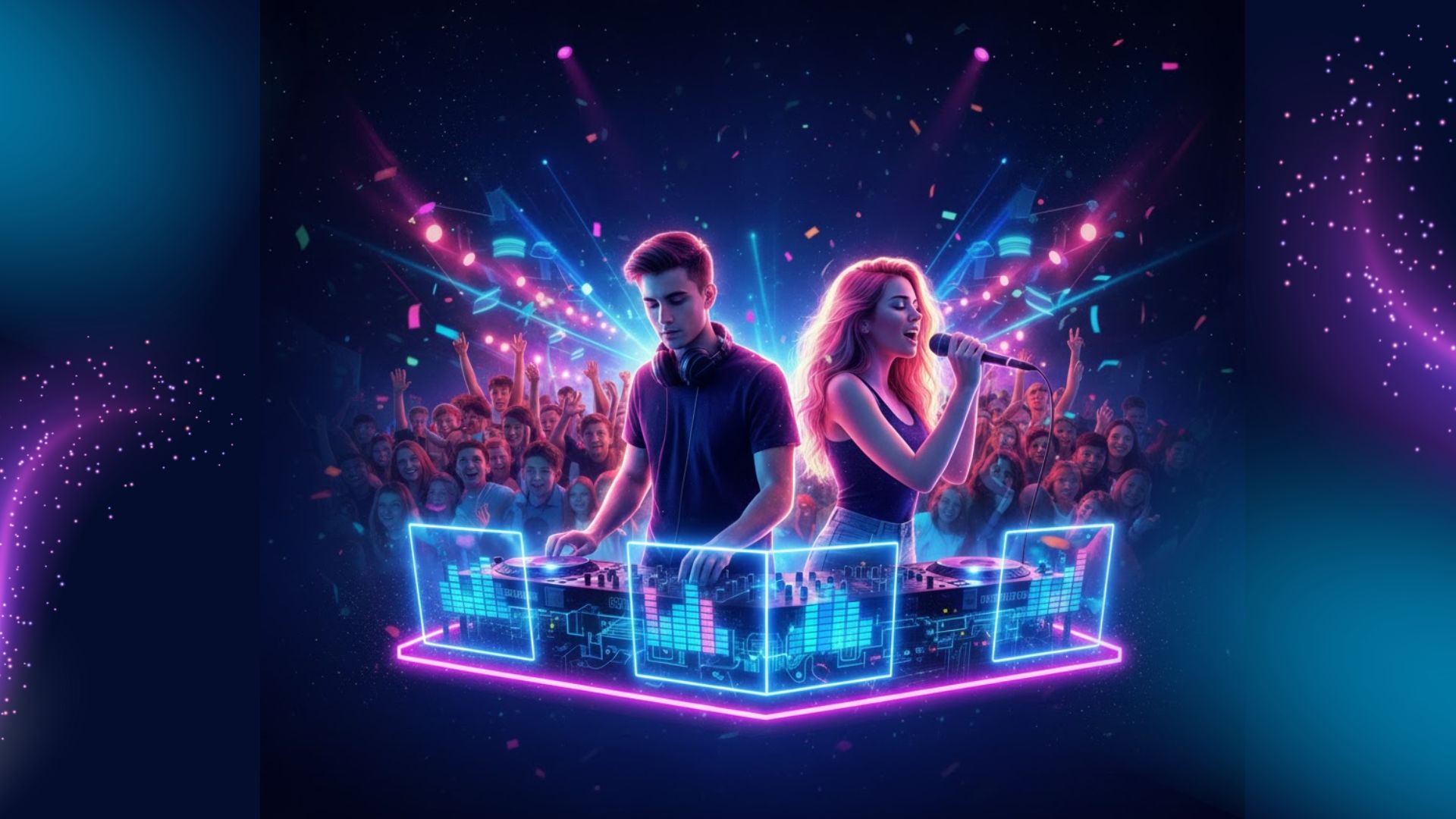 DJ and a woman performing on stage, surrounded by vibrant neon lights