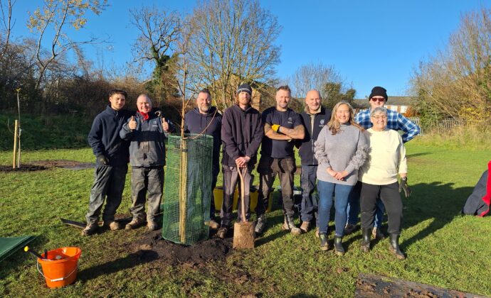 people in a row just after planting a new tree