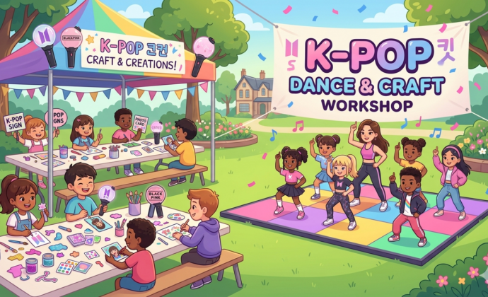 Children crafting at tables under a 