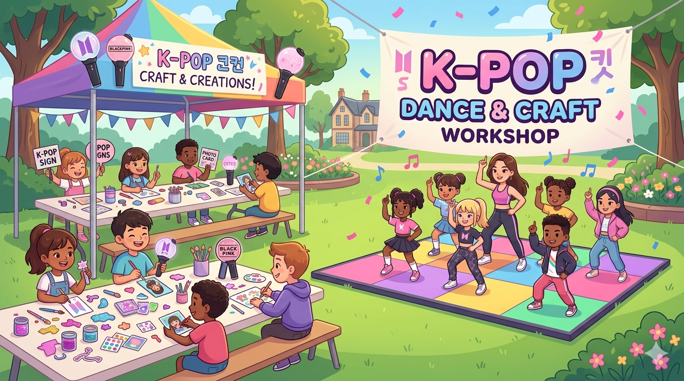 Children crafting at tables under a "K-POP Craft & Creations" tent and dancing on a colorful floor. A "K-POP Dance & Craft Workshop" banner is displayed.