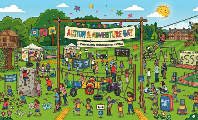 Action-packed park scene with children and adults enjoying a sunny 