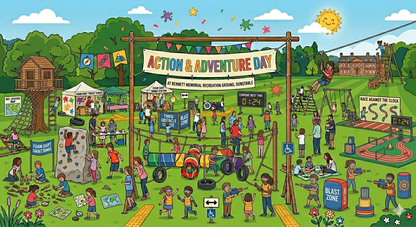 Action-packed park scene with children and adults enjoying a sunny "Action & Adventure Day." Activities include a climbing wall, obstacle course, and foam dart games. The mood is lively and festive.
