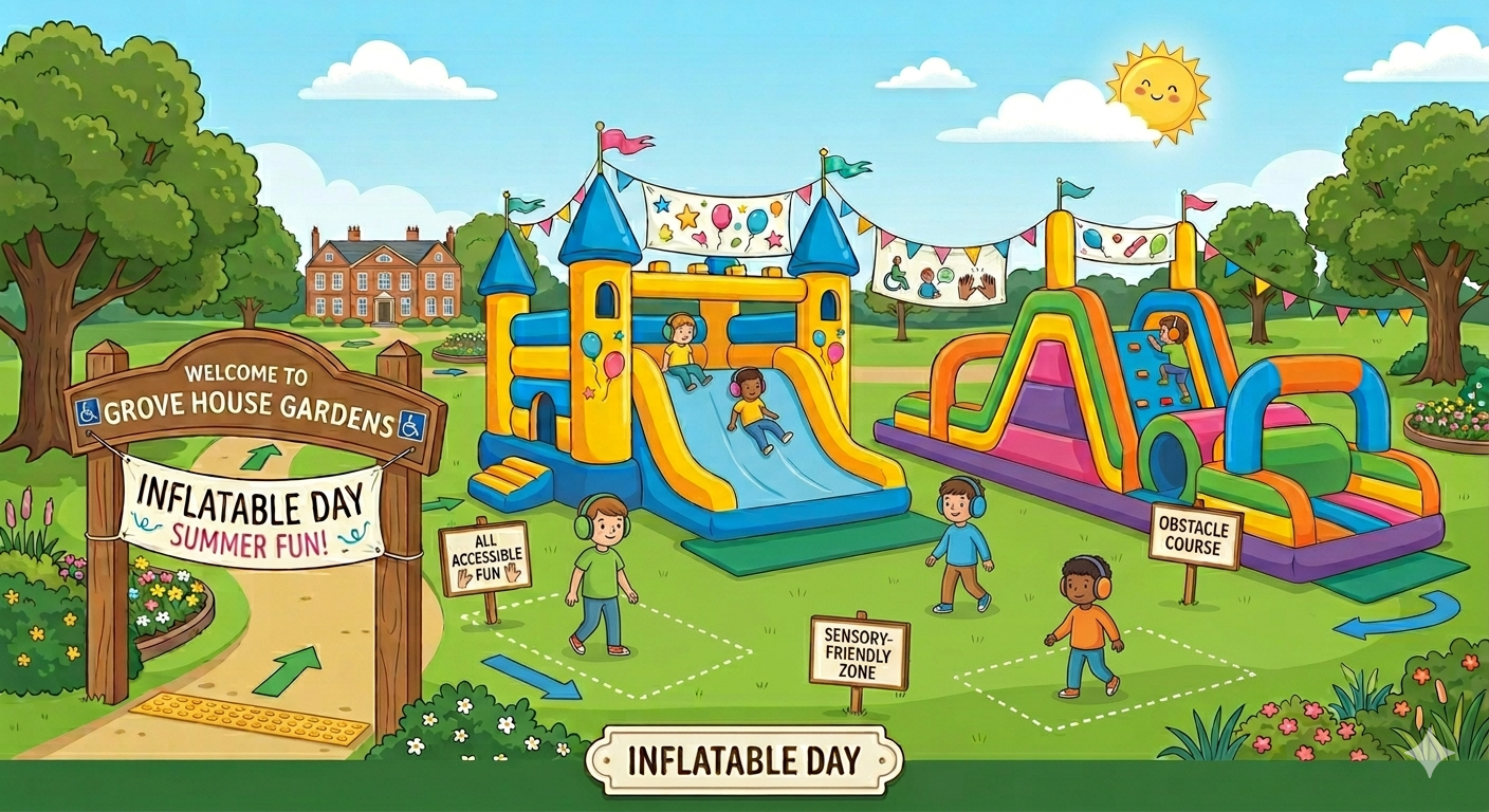 Colorful illustration of Grove House Gardens' "Inflatable Day." Children play on vibrant inflatable slides and an obstacle course, surrounded by trees and a sunny sky. Families watch and enjoy the lively summer fun atmosphere.