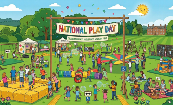 Colorful illustration of National Play Day in a park. Children and adults enjoy swings, games, a picnic, and bubbles under a festive banner. Happy vibe.