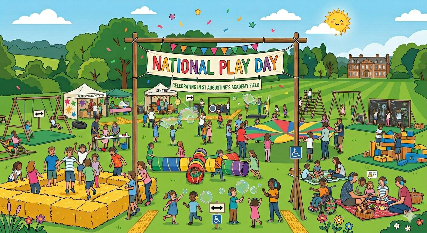 Colorful illustration of National Play Day in a park. Children and adults enjoy swings, games, a picnic, and bubbles under a festive banner. Happy vibe.