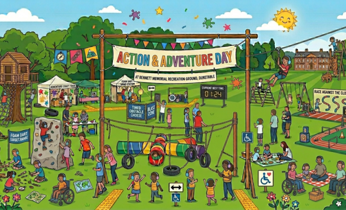 Children and adults enjoy Action & Adventure Day in a park. Activities include obstacle courses, rock climbing, and a treehouse, creating a lively, fun atmosphere.