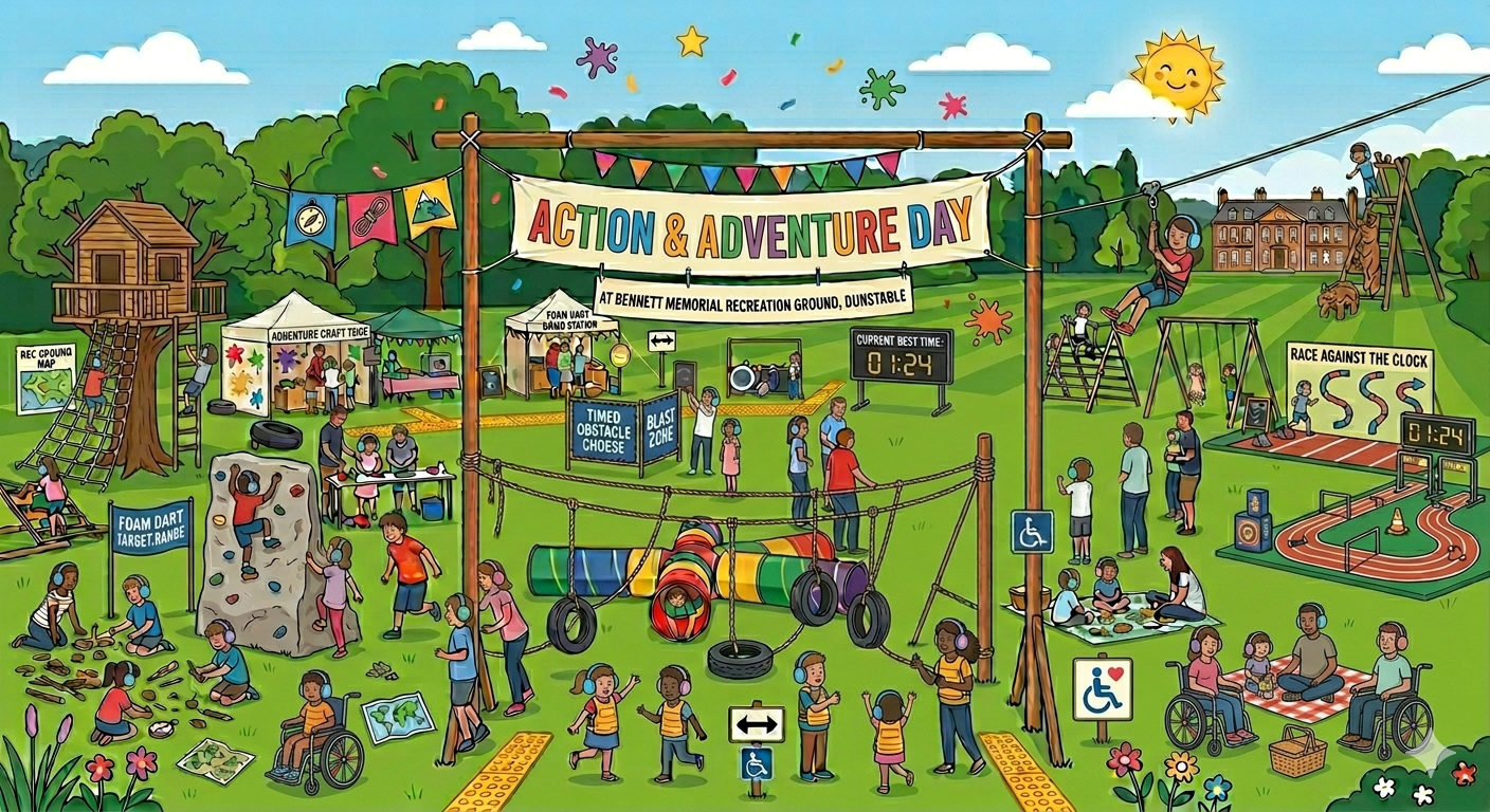 Children and adults enjoy Action & Adventure Day in a park. Activities include obstacle courses, rock climbing, and a treehouse, creating a lively, fun atmosphere.