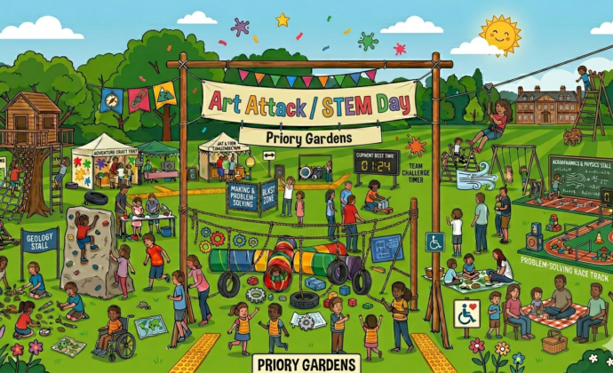 A vibrant outdoor scene at Priory Gardens shows families enjoying 'Art Attack/STEM Day'. Children engage in activities like rock climbing, arts, and problem-solving games. Tents host various educational stalls. A colourful banner, cheerful sun, and lush greenery set a lively, festive tone.