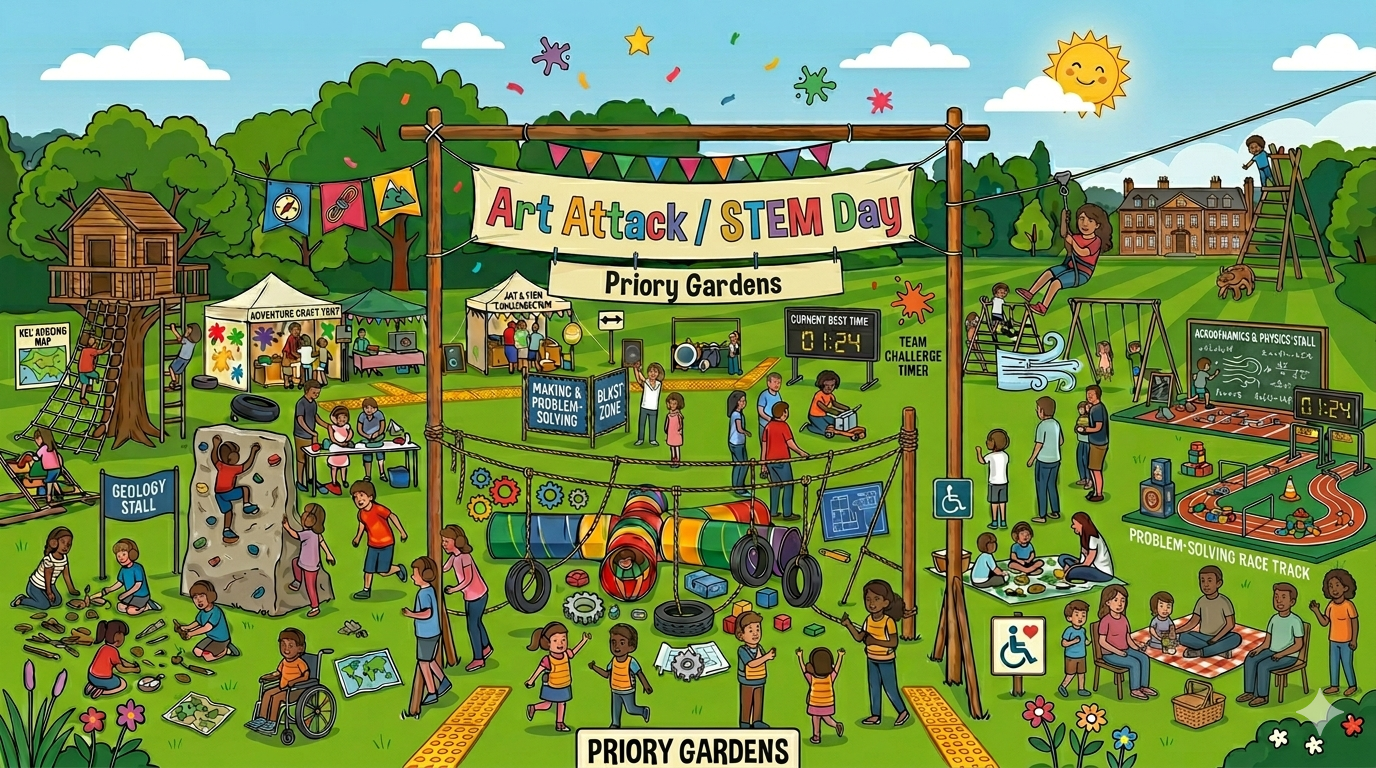 A vibrant outdoor scene at Priory Gardens shows families enjoying 'Art Attack/STEM Day'. Children engage in activities like rock climbing, arts, and problem-solving games. Tents host various educational stalls. A colourful banner, cheerful sun, and lush greenery set a lively, festive tone.