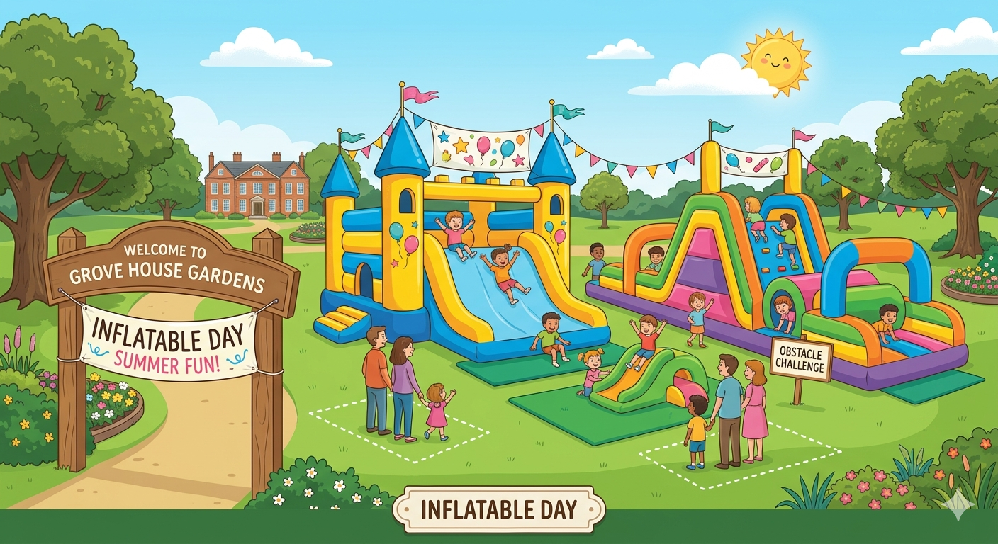 Colorful illustration of Grove House Gardens' "Inflatable Day." Children play on vibrant inflatable slides and an obstacle course, surrounded by trees and a sunny sky. Families watch and enjoy the lively summer fun atmosphere.
