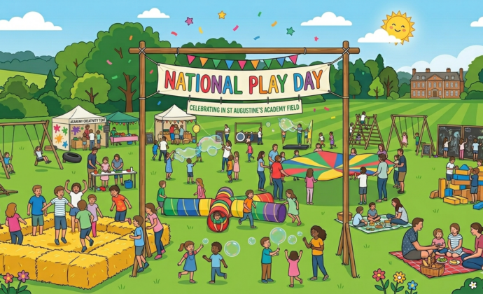 Illustration of National Play Day in a vibrant park. Kids and adults engage in games, bubbles, and picnics under a cheerful sun and banner. Joyful atmosphere.