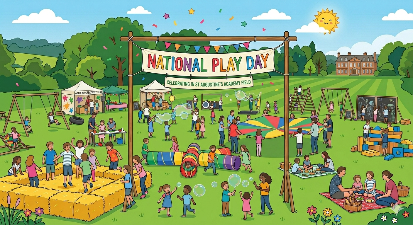 Illustration of National Play Day in a vibrant park. Kids and adults engage in games, bubbles, and picnics under a cheerful sun and banner. Joyful atmosphere.