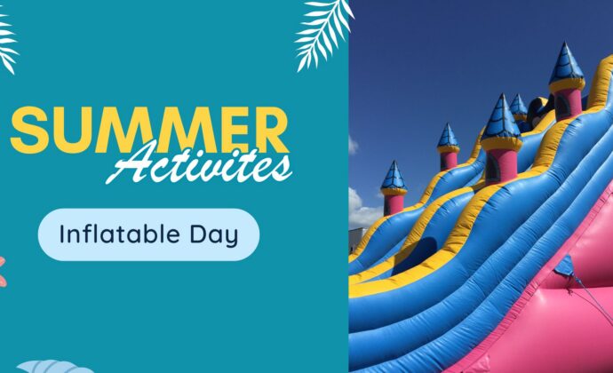 summer activities inflatable day with pink and blue bouncy castle