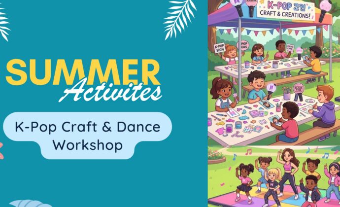illustration of children dancing and taking part in k pop craft workshop