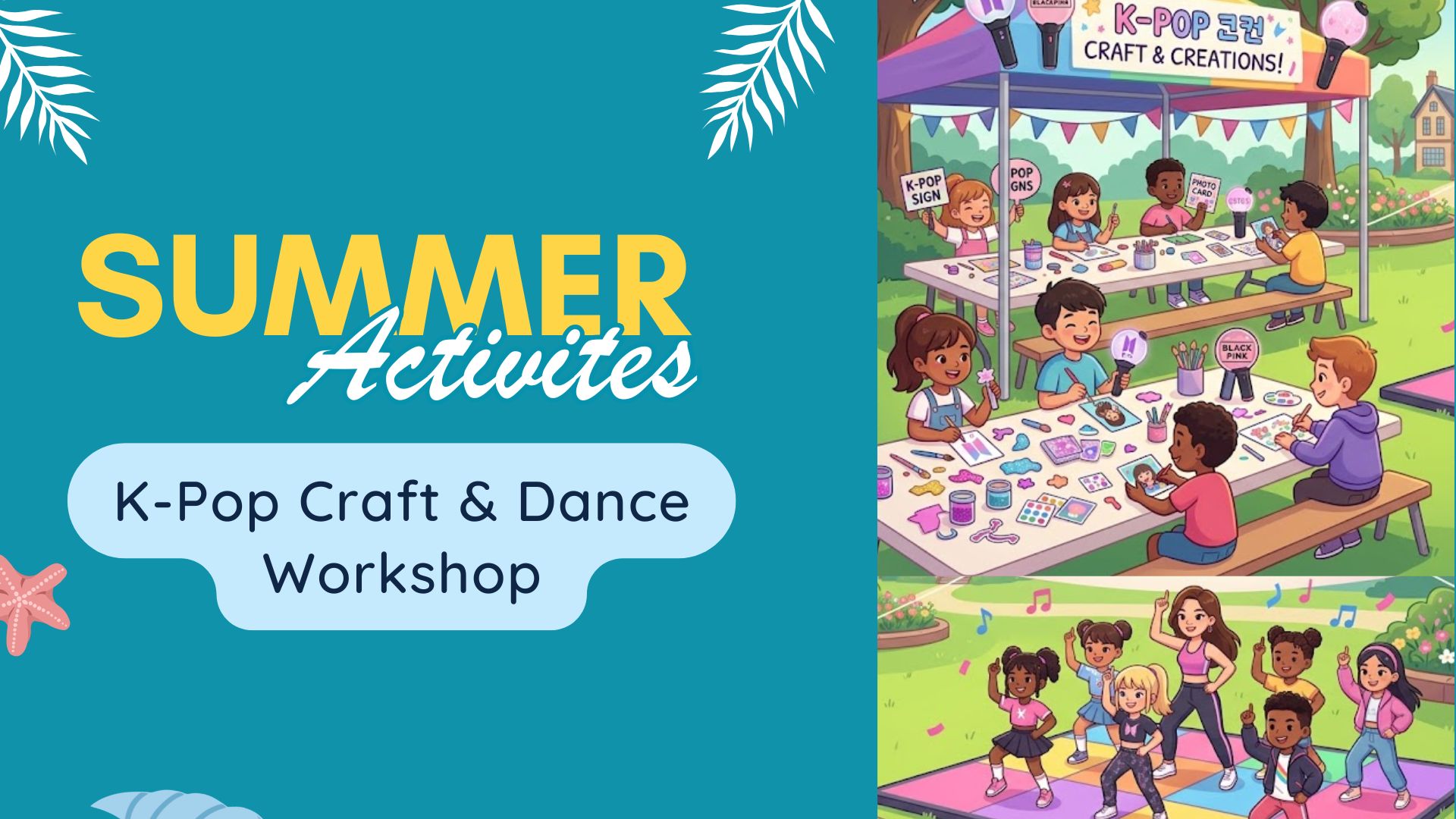 illustration of children dancing and taking part in k pop craft workshop