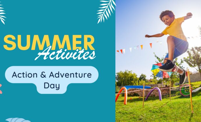 Child jumping over hurdles in a sunny park, celebrating 'Summer Activities: Action & Adventure Day'