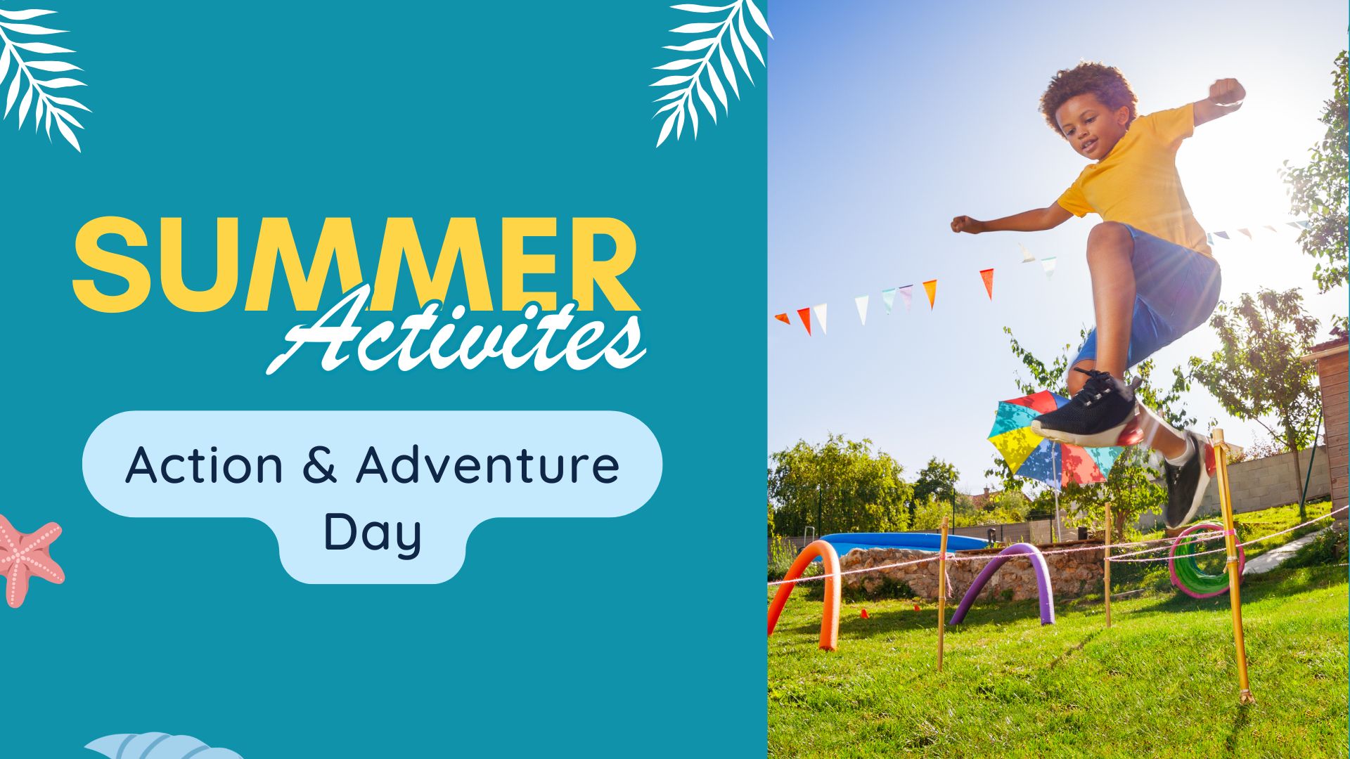 Child jumping over hurdles in a sunny park, celebrating 'Summer Activities: Action & Adventure Day'