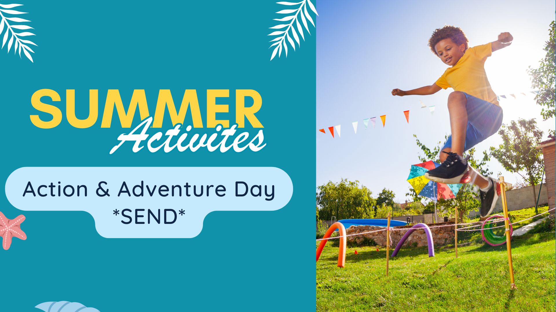 Child jumping over hurdles in a sunny park, celebrating 'Summer Activities: Action & Adventure Day'