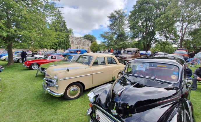 A collection of classic cars parked on a grassy area, showcasing their vintage designs and vibrant colours.