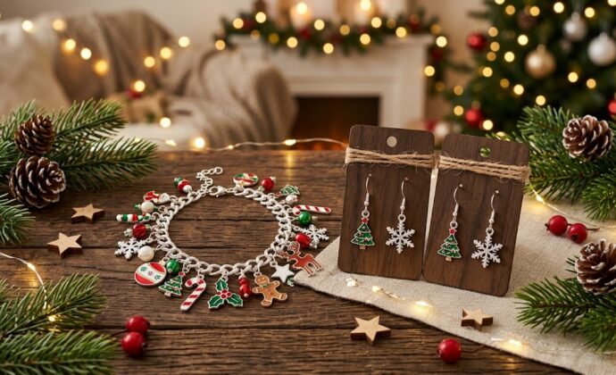 Festive Christmas tabletop with a charm bracelet and wooden earring display, surrounded by pine branches, ornaments, lights, and cozy decor.