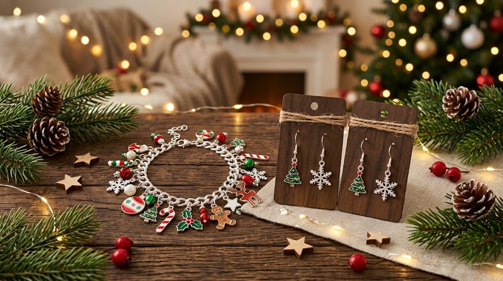 Festive Christmas tabletop with a charm bracelet and wooden earring display, surrounded by pine branches, ornaments, lights, and cozy decor.