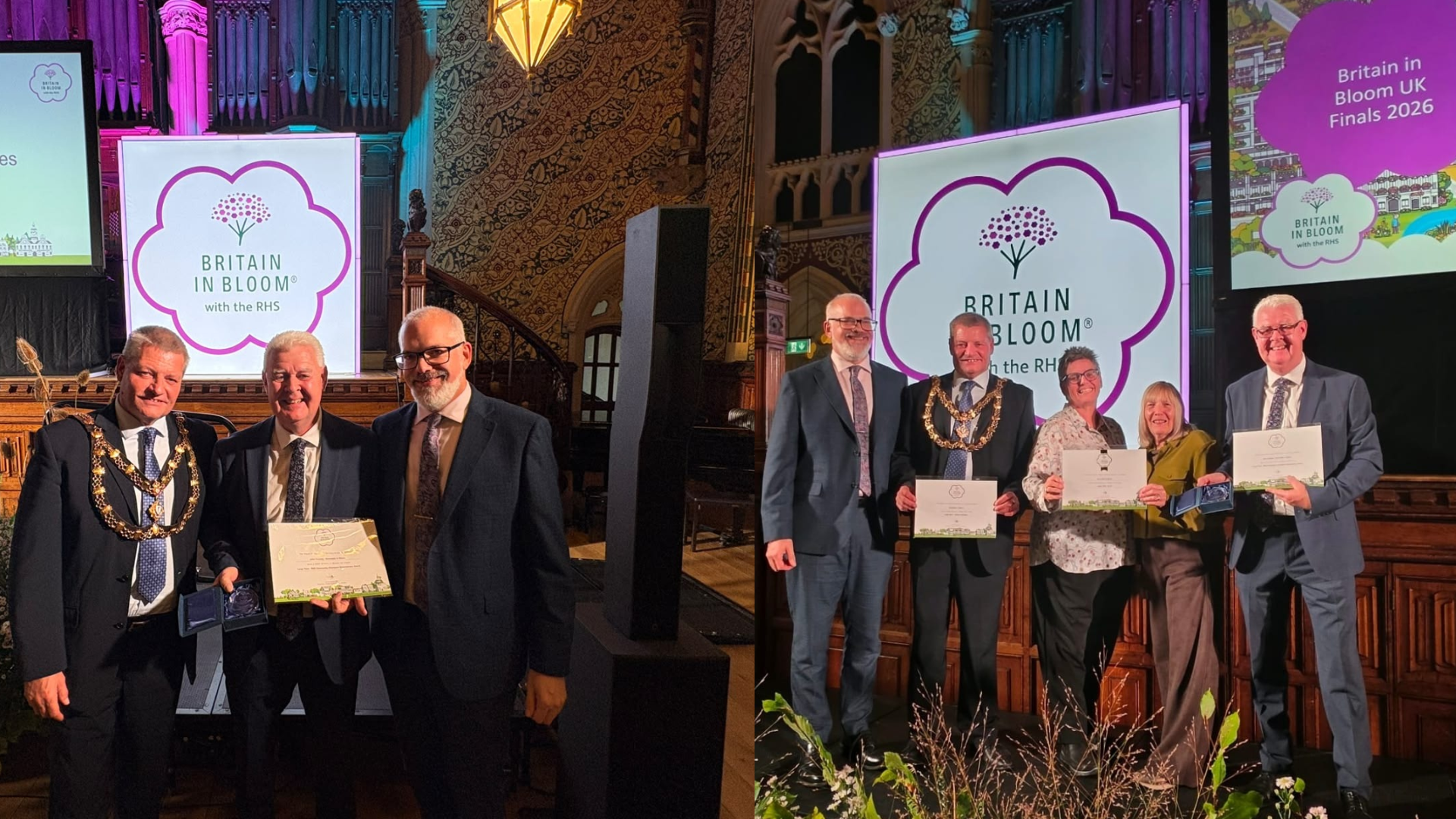 wo individuals proudly holding their awards at a formal ceremony, smiling and celebrating their achievements.