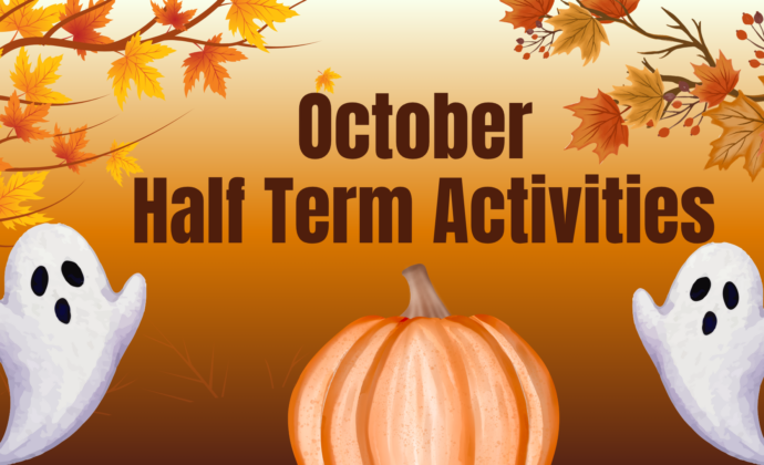 October half term activity banner with ghosts and pumpkin